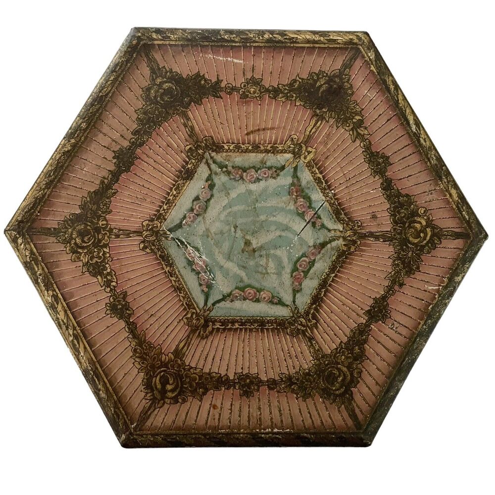 Tendeco Hexagon Hankie tin box Early 1900s Art Deco Hinge Lid Pink Gold Tone